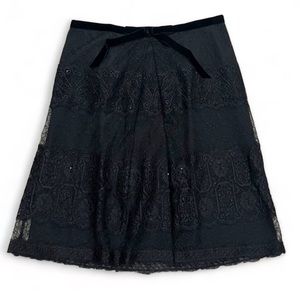 Ann Taylor Womens Black Lace Sequin Velvet Bow Detail A-line Skirt Size 6 Petite